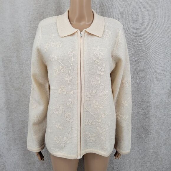 Dressbarn Wool Cream Floral Embroidered Zip-Up Sweater Cardigan Jacket - Picture 2 of 12